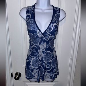 Daisy and clover boho Floral Blue and White Sleeveless Top